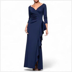 Xscape Navy V-neck Ruffled Side Slit Scuba Gown Dress Midnight Formal
